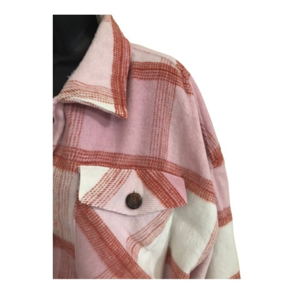 Kensie pink white colorblock plaid fleece flannel look button down shacket Large - Picture 14 of 16